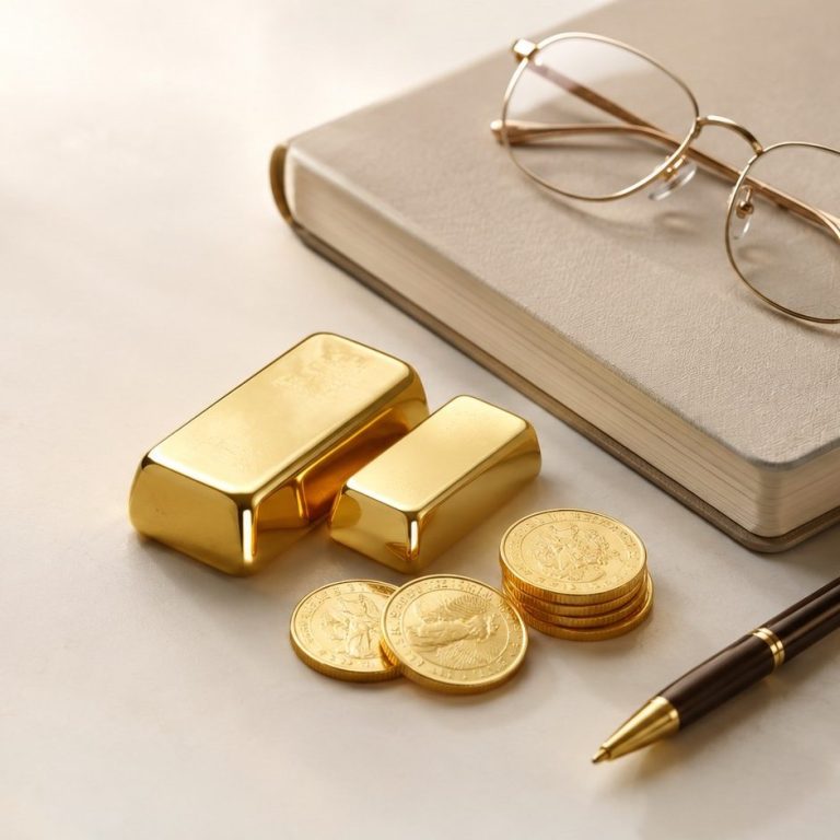 Gold mit Preisvorteil verstehen Goldbarren und Notizbuch als Symbol für Gold mit Preisvorteil